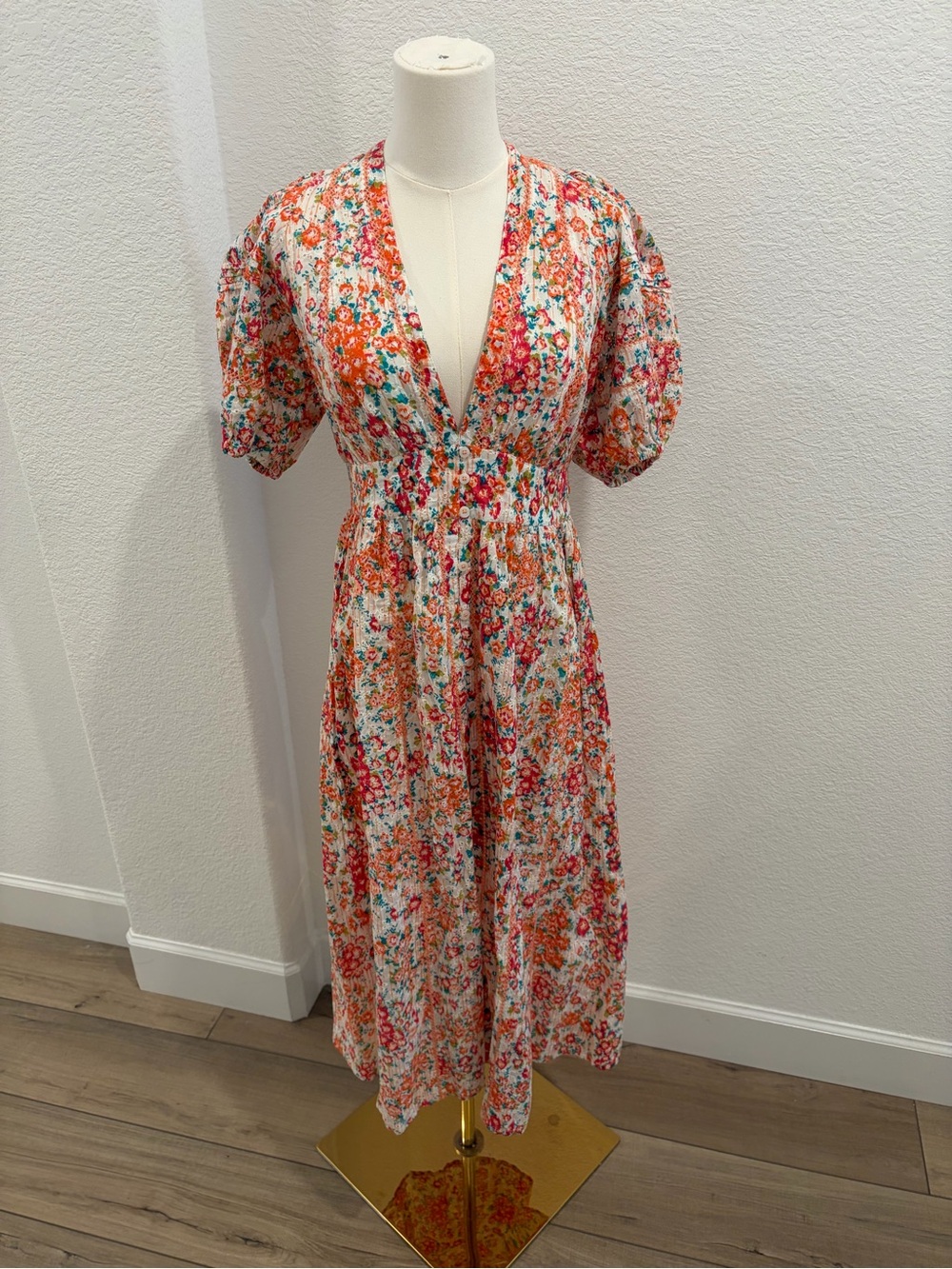 Poupette St Barth Floral V-Neck Eyelet Midi Dress in Coral Multi size medium